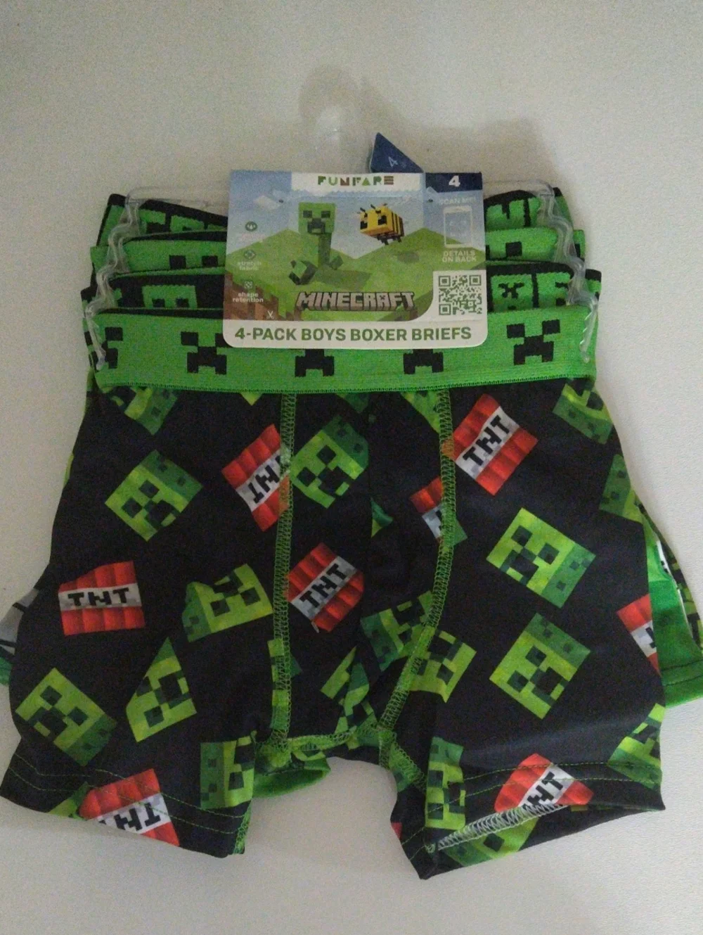 Minecraft Boys 4 Pack Boxer Briefs - Green & Black TNT Print Size 4 New